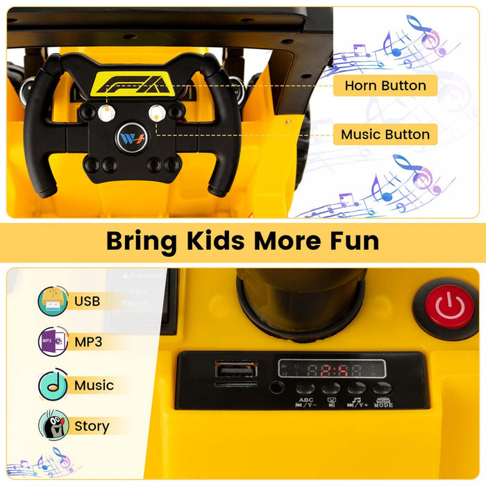 Costway 12v Kids Ride On Construction Tractor With Horn & Music & Tail Led Lights Yellow