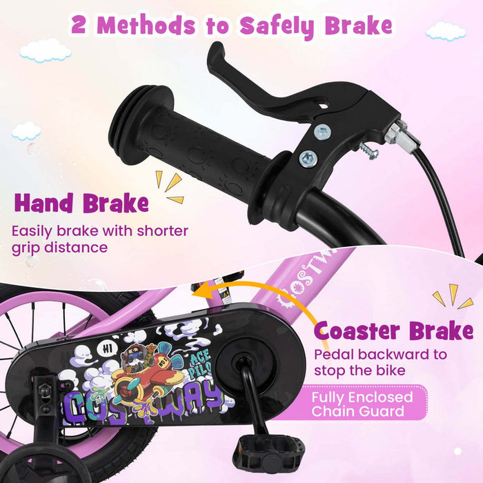 Costway 12" Kid's Bike For 3-4 With Height-adjustable Handlebar & Saddle Handbrake Purple