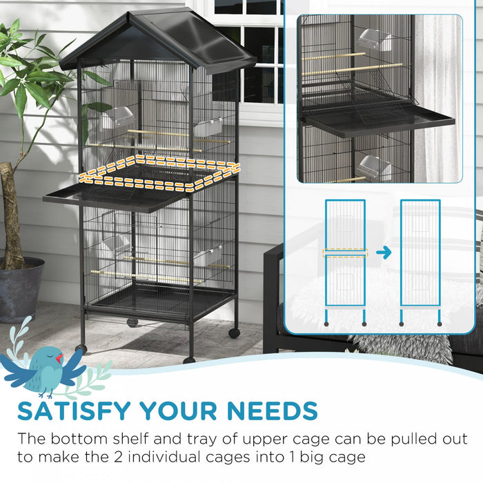 Pawhut Wrought Metal Bird Cage Feeder With Rolling Stand Perches Food Containers Doors Wheels 67\" H,