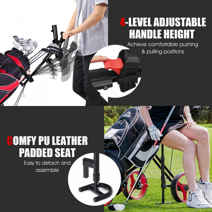 Costway Foldable 3 Wheel Push Pull Golf Club Cart Trolley W/seat Scoreboard Bag Red