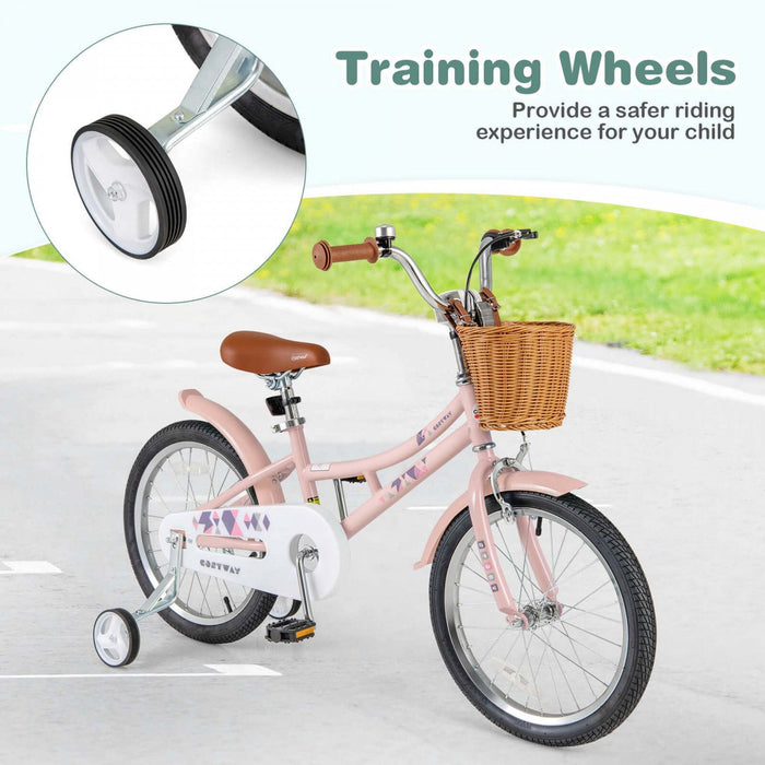 Costway 18" Kids Bike With Height Adjustable Handlebar Seat Basket Bell Training Wheels Pink