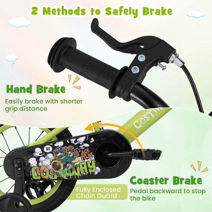 Costway 14" Kid's Bike For 3-5 With Height-adjustable Handlebar & Saddle Handbrake Green