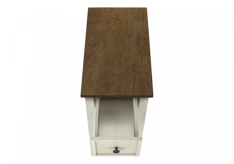 Accent Side End Table 2-Tier Narrow Bedroom Storage Drawer Antique White Brown Veneer Transitional