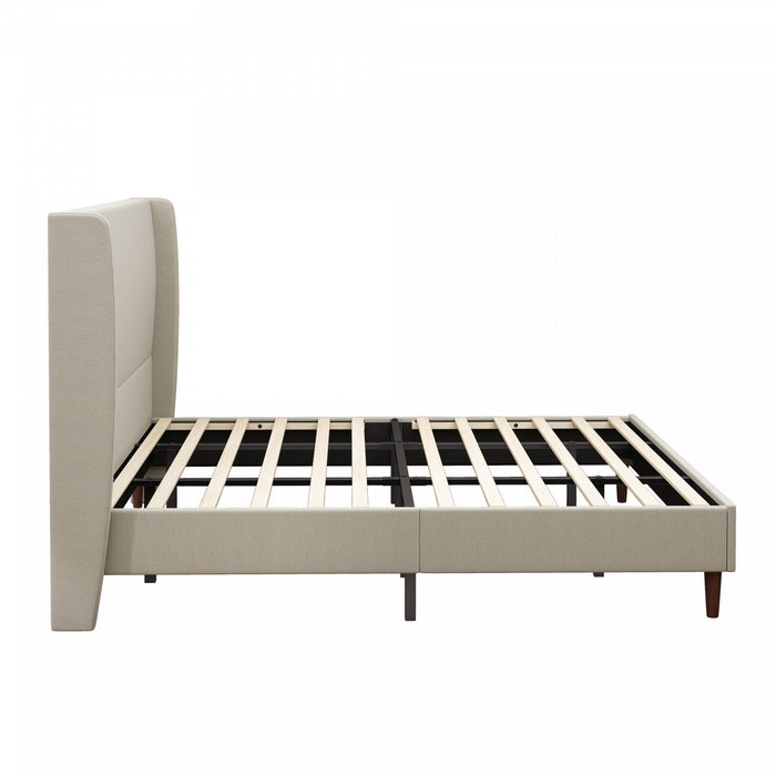 Harper Upholstered King Bed Frame with High Headboard, Linen Fabric - Beige 