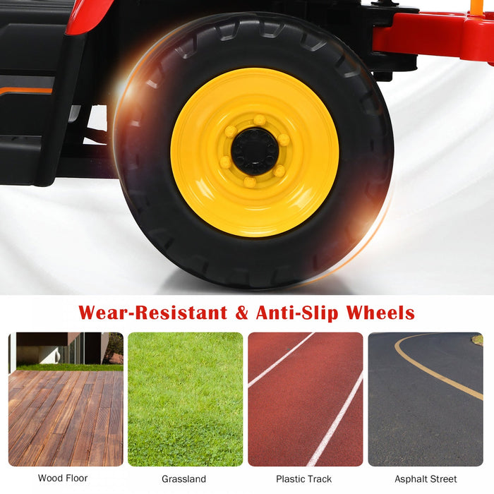 Costway 12v Kids Ride On Tractor With Trailer Ground Loader W/ Rc & Lights Red