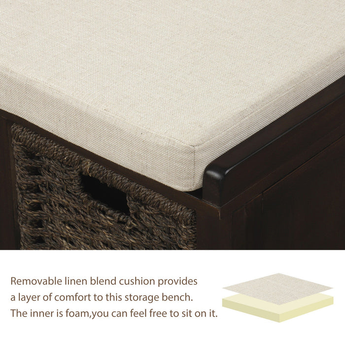 Leif Solid Wood And Rattan Baskets Storage Bench With Cushioned Seat - Espresso 