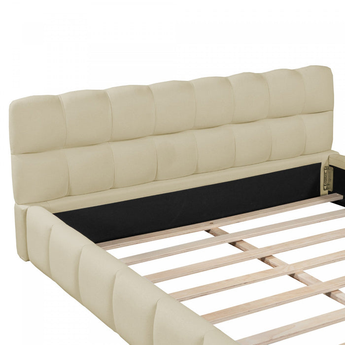 Jessica Upholstered Platform Bed with Comfortable Linen Fabric and Sturdy Frame,Queen Size,Beige Queen Bed  