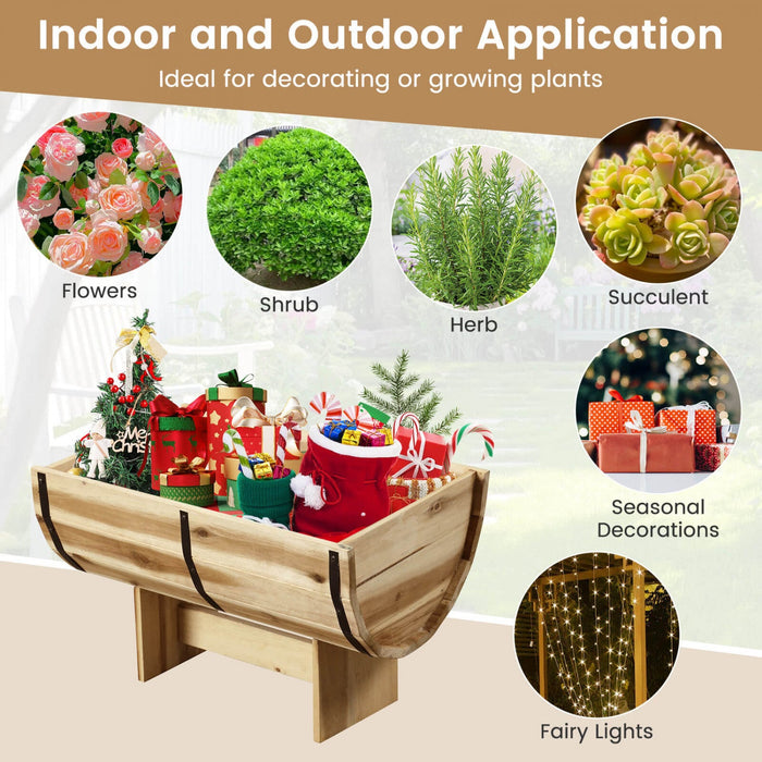 Costway 1 Pcs Outdoor Wooden Planter Solid Acacia Wood Half-barrel Planter Box With Legs