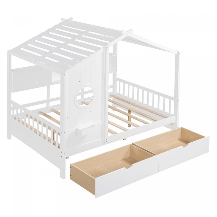 Jeames Wood House Bed with 2 Storage Drawers and Shelf, Full Size - White 