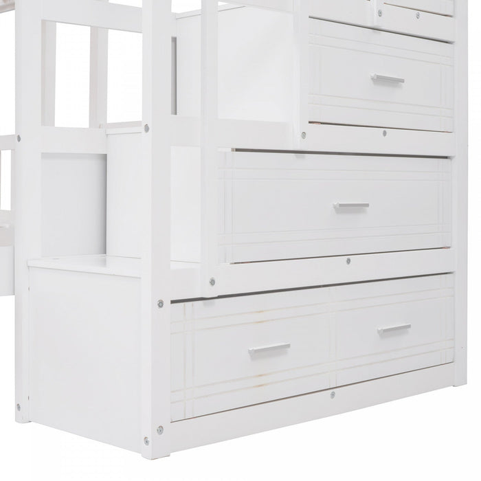 Claire Solid Wood Twin Triple Bunk Bed With Drawers And Guardrails - White 