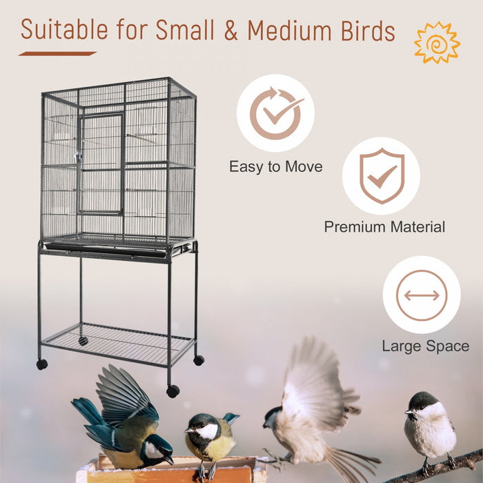 Pawhut 64\" Large Bird Cage, Rolling Metal Parrot Cage, Bird House With Detachable Rolling Stand, Sto