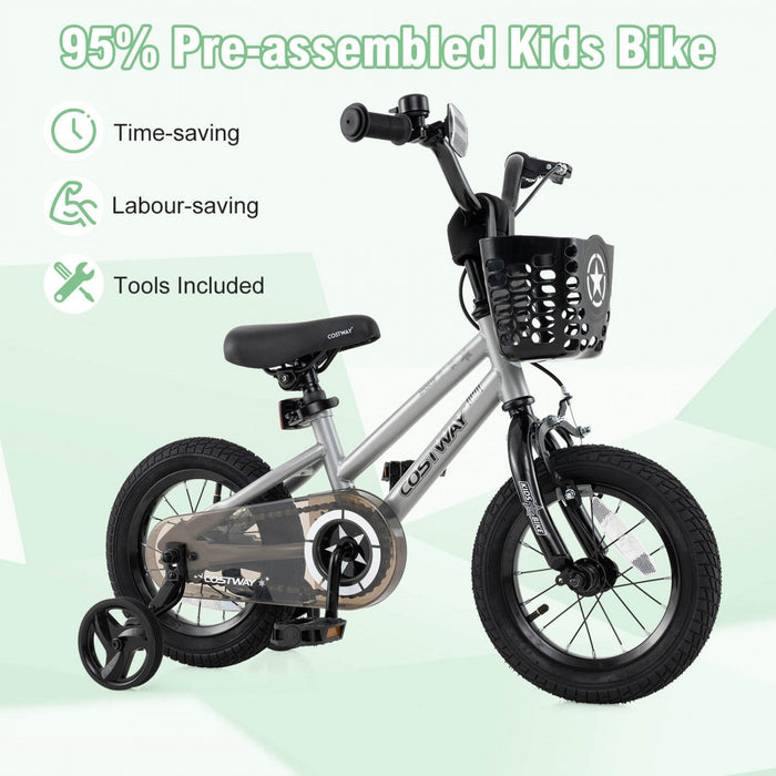 Costway 14" Kid's Bike With Training Wheels Adjustable Handlebar & Seat Handbrake Silver