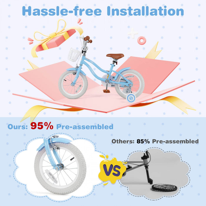 Costway 14" Kid's Bike With Removable Training Wheels & Basket For 3-5 Years Old Blue