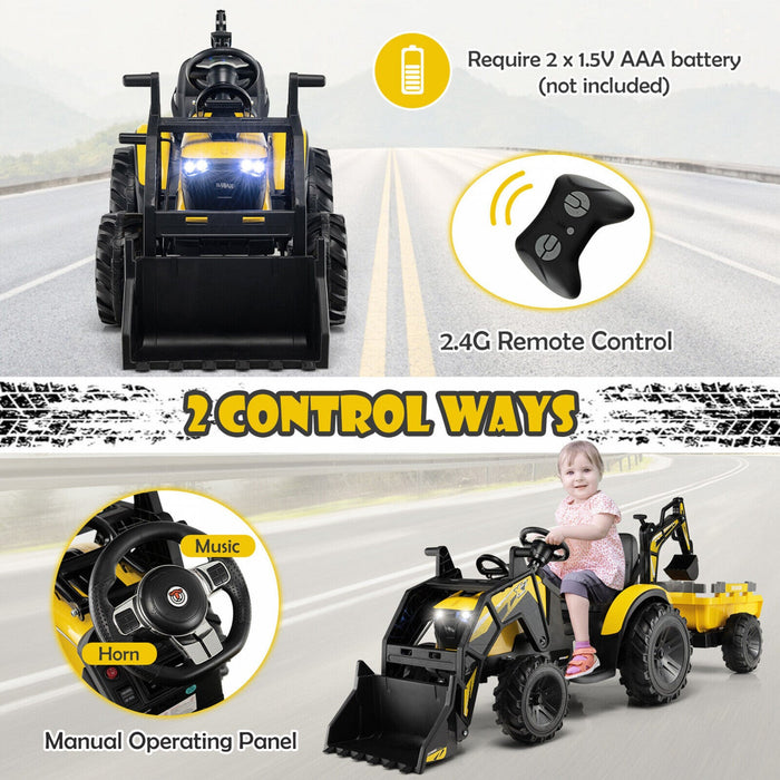 3-in-1 Kids Ride On Excavator Bulldozer 12v Electric Tractor Remote W/ Trailer Yellow