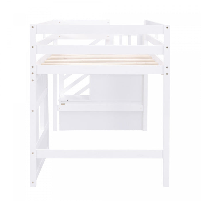 Martin Twin Solid Wood Loft Bed With Storage Stairs, Play Window, Led Light - White 