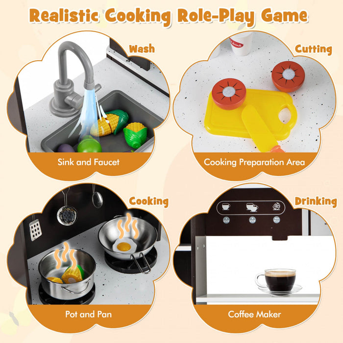 Costway Pretend Play Kitchen For Kids Toddler Aged 3+ Wooden Toy Set With Range Hood Brown