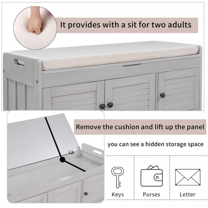 Olivia Pine Wood Storage Bench With 3-door Shoe Cabinet With Hidden Compartment - Grey 