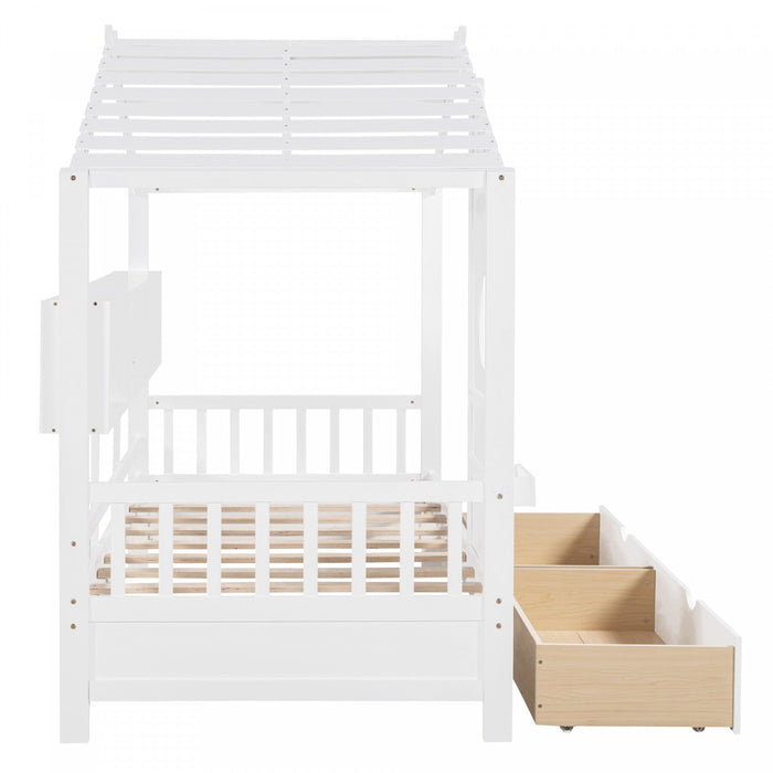 Jeames Wood House Bed with 2 Storage Drawers and Shelf,Twin Size - White 