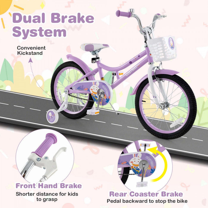 Costway 18" Girl Bike With Basket Detachable Training Wheels Adjustable Seat Handbrake Coaster Brake Purple