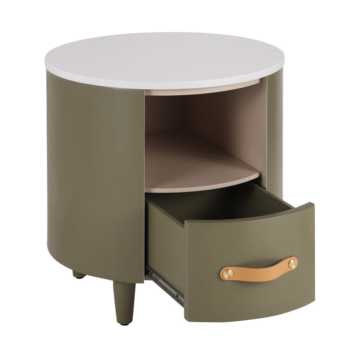 Olivia Modern Curved Design Round Nightstand with Storage Drawer,Green  