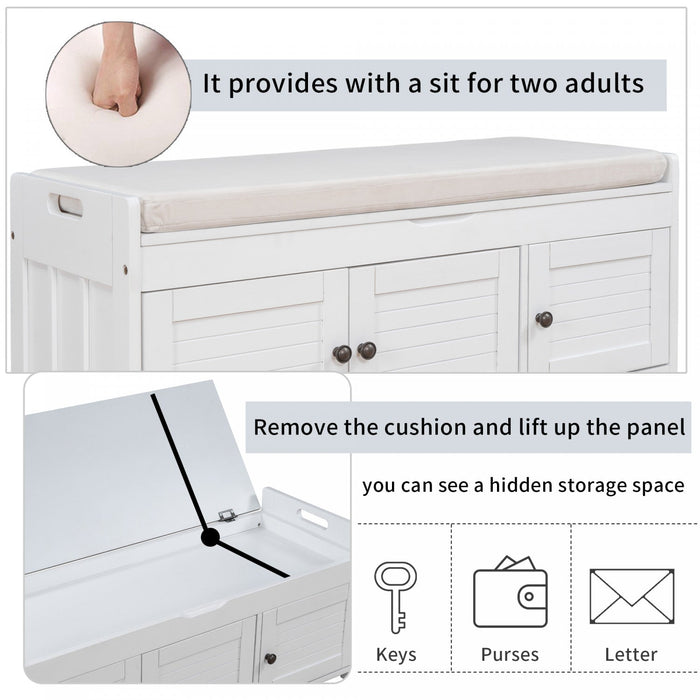 Olivia Pine Wood Storage Bench With 3-door Shoe Cabinet With Hidden Compartment - White 
