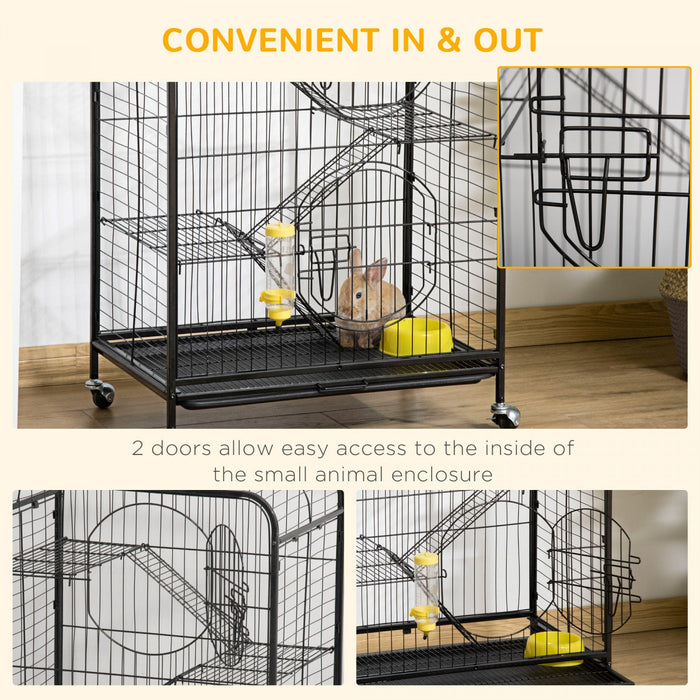 Pawhut 4-tier Metal Small Animal Cage With Wheels, Metal Bunny Playpen With 2 Doors, Platforms, Ramp