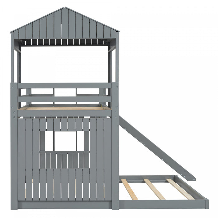 Marico Twin Over Solid Wood Full Bunk Bed With Slide, Playhouse Design - Grey 