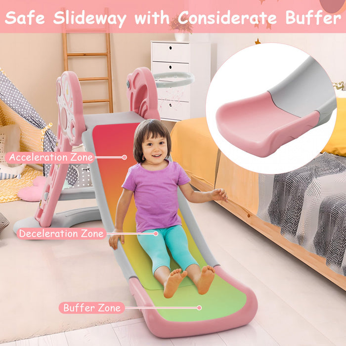 Costway 3-in-1 Kids Indoor Slide With Basketball Hoop & Basketball, Safe Buffer Zone Pink