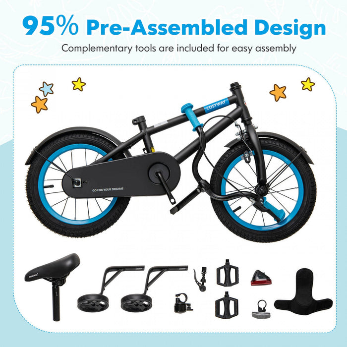 Costway 16" Kids Bike With Adjustable Saddle Handlebar Removable Training Wheels Handbrake Black
