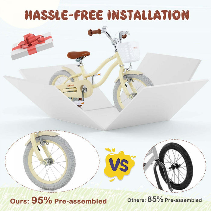 Prorider 14" Kid's Bike With Removable Training Wheels & Basket For 3-5 Years Old Beige