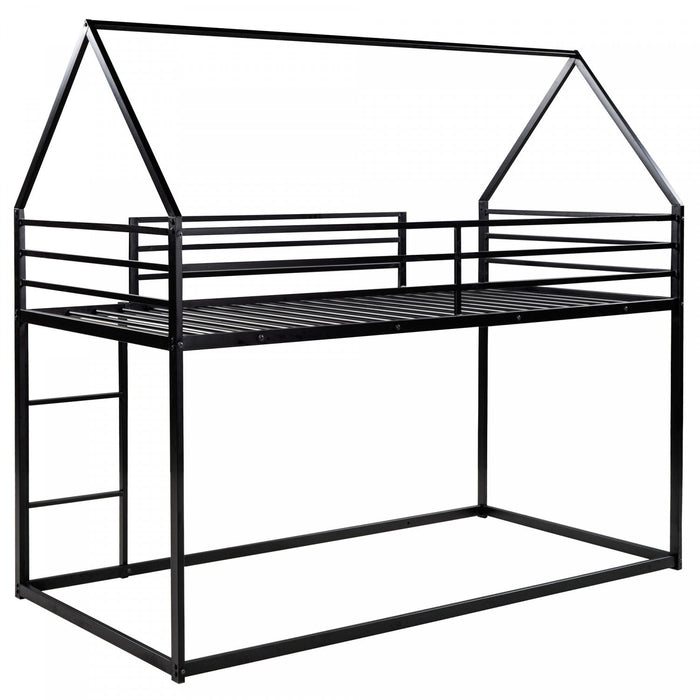 Liam House Bunk Bed with Built-in Ladder and Metal Frame,Twin Over Twin Size,Black  