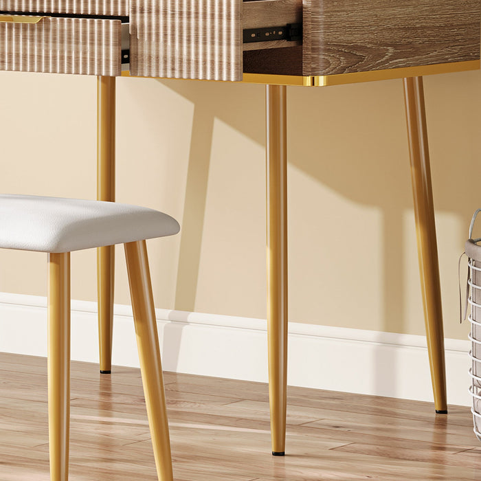 Isabella 4-Drawer Vanity Table Set with LED Mirror and Metal Legs,Yellow Brown Mirror Cabinet  