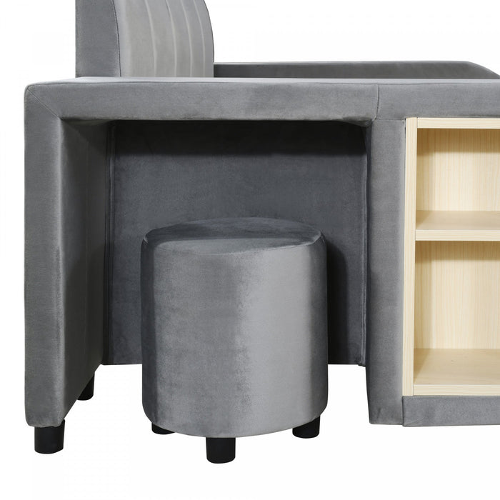 Lily Velvet Upholstered Grounded Bed with Desk and Stool,Full Size,Grey Full Bed  