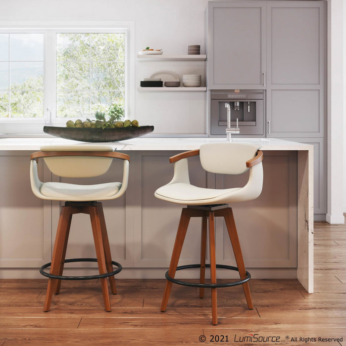 LumiSource Oracle Faux Leather Mid-Century Modern Counter-Height Stool – Walnut/Cream