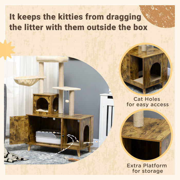 Pawhut Litter Box Enclosure With Cat Tree Tower, Hidden Cat Washroom Furniture With Condo, Scratchin
