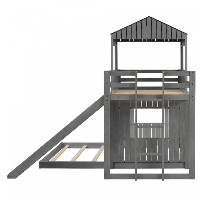 Marico Twin Over Solid Wood Full Bunk Bed With Slide, Playhouse Design - Antique Grey 