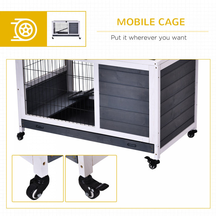 Pawhut Wooden Indoor Rabbit Hutch Elevated Bunny Cage Habitat With Enclosed Run With Wheels, Ideal F