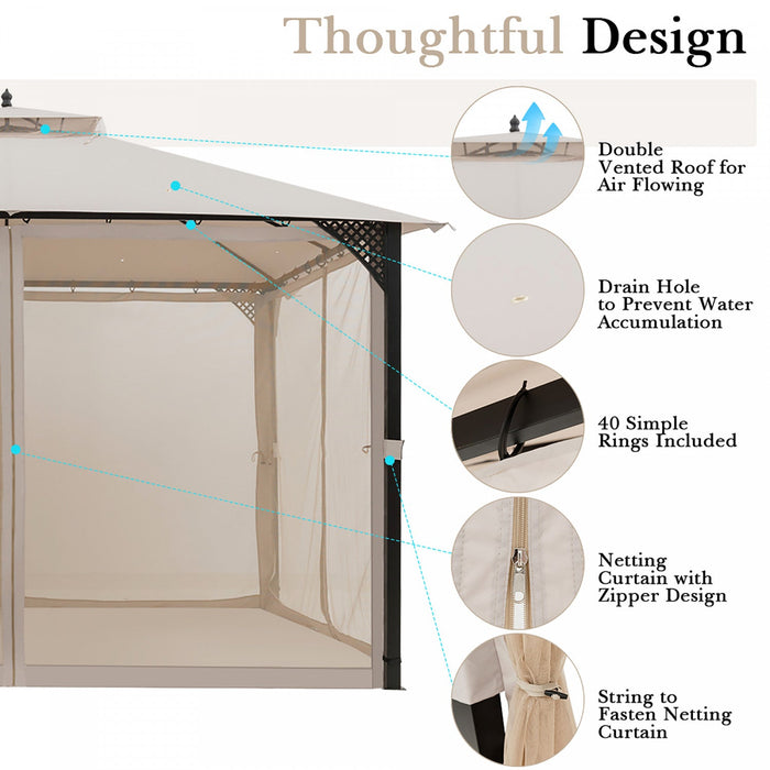 Costway 12' X 10' Outdoor Patio Gazebo Canopy Shelter Double Top Sidewalls Netting Beige