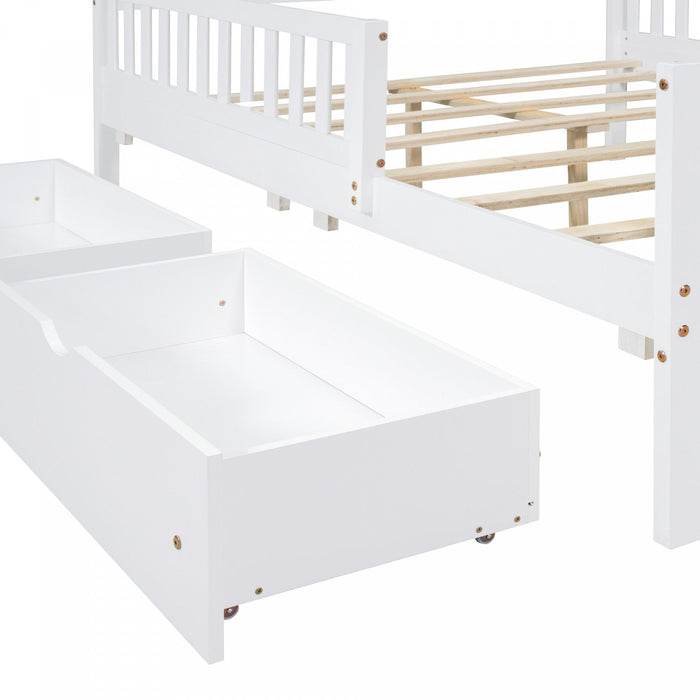 Emma Wood Platform Bed with Guardrails and Storage Drawers,Full Size - White 