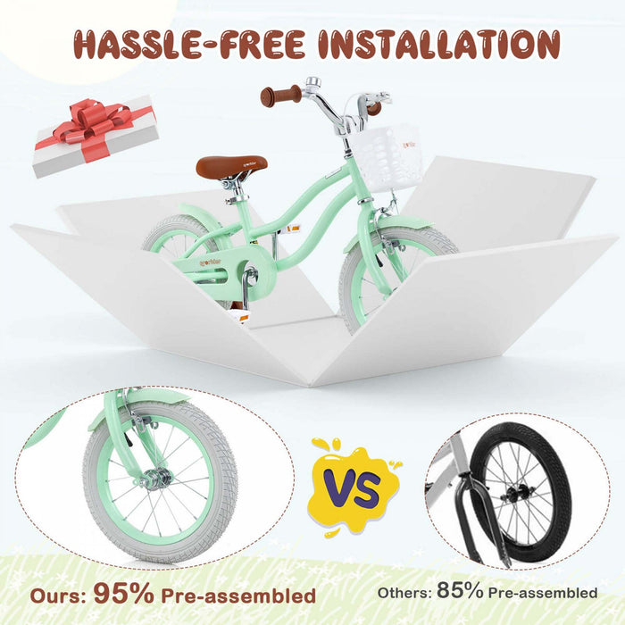 Prorider 14" Kid's Bike With Removable Training Wheels & Basket For 3-5 Years Old Green