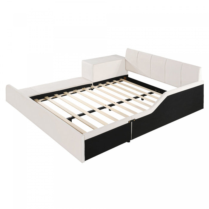 Lily Velvet Upholstered Grounded Bed with Desk and Stool,Queen Size,Beige Queen Bed  