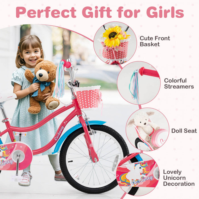 Costway 18" Kids Bike For 4-8 Years Old With Basket Doll Seat & Colorful Streamers Kickstand Pink