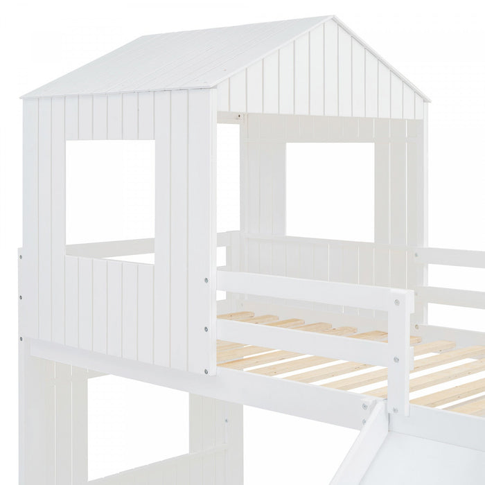 Marico Twin Over Solid Wood Full Bunk Bed With Slide, Playhouse Design - White 