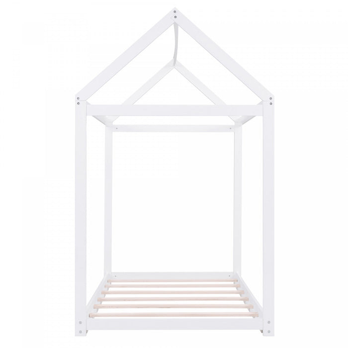 Susan Easy-clean Design Solid Wood House Bed With Roof Frame, Twin Size - White 