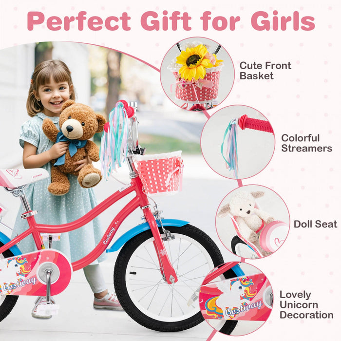 Costway 16" Kids Bike With Basket Doll Seat & Colorful Streamers 2 Training Wheels Pink