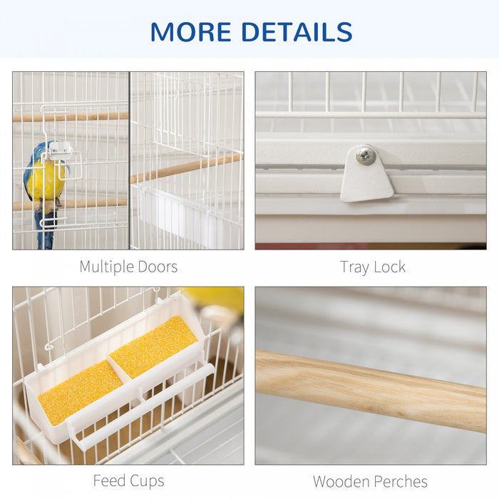 Pawhut 52\" Large Rolling Steel Bird Cage Bird House With Rolling Stand, Storage Shelf, Wood Perch, F