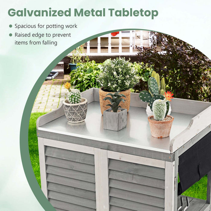 Costway Outdoor Potting Bench Table, Garden Storage Cabinet With Metal Tabletop