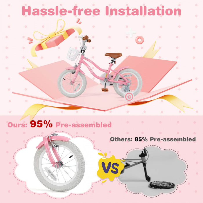 Costway 14" Kid's Bike With Removable Training Wheels & Basket For 3-5 Years Old Pink