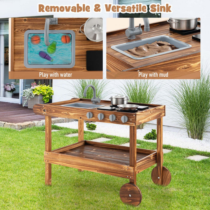 Costway Kids Wooden Mud Play Kitchen Cart With Sink, 4 Stoves & Storage Shelf Natural