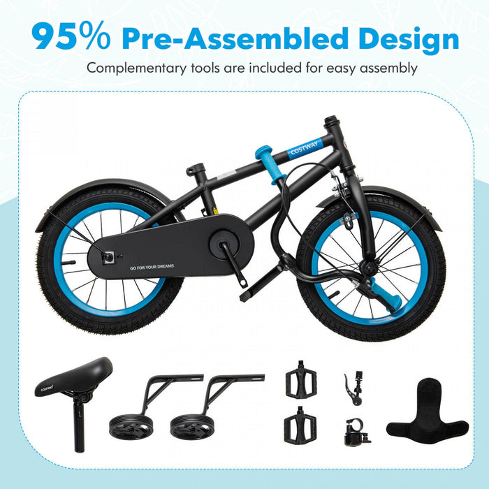 Costway 14" Kids Bike With Adjustable Saddle Handlebar Removable Training Wheels Handbrake Black